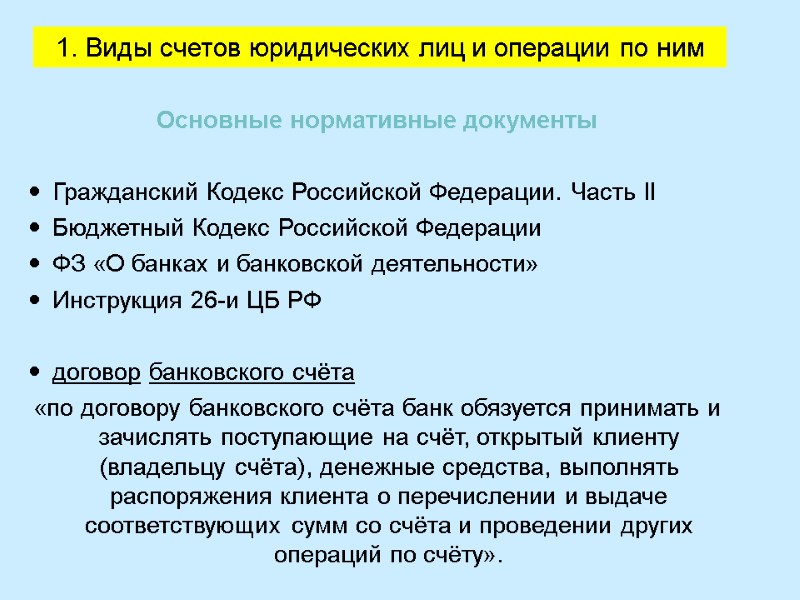 1. Виды счетов юридических лиц и операции по ним  Основные нормативные документы 